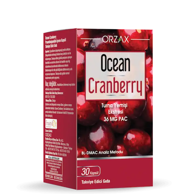 Orzax Ocean Cranberry Turna Yemişi İdrar Yolu 30 Kapsül kutu ve ambalaj