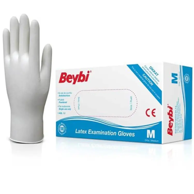 Beybi Lateks Eldiven (M) Orta Boy 100 Adet (Pudralı) ürün ve ambalaj