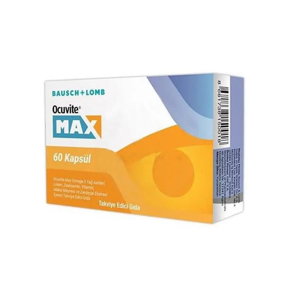 Ocuvite Max Kapsül Omega 3 Lutein Zeaksantin Vitamin Ekstre Takviyesi 60 Kapsül kutu ve ambalaj