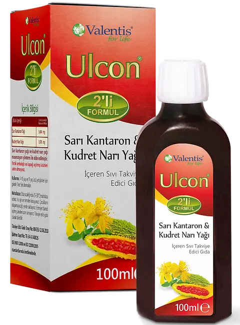 Valentis Ulcon Sarı Kantaron ve Kudret Narı Yağı İçeren Sıvı Takviye Edici Gıda 100 ml kutu ve ambalaj