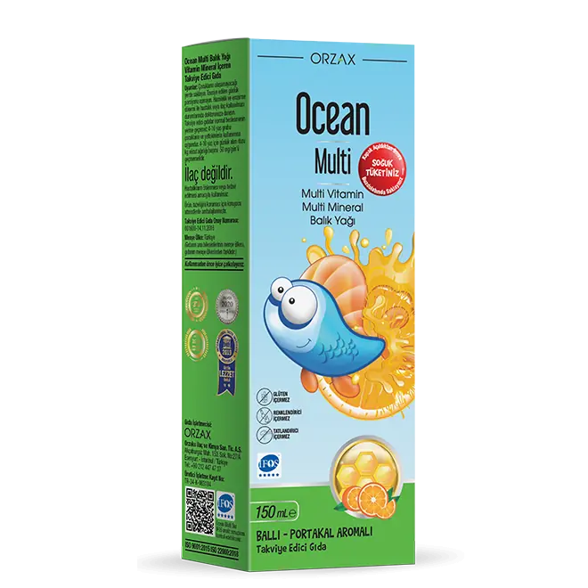 Orzax Ocean Multi Balık Yağı Şurup Vitamin Mineral 150 ml kutu ve ambalaj