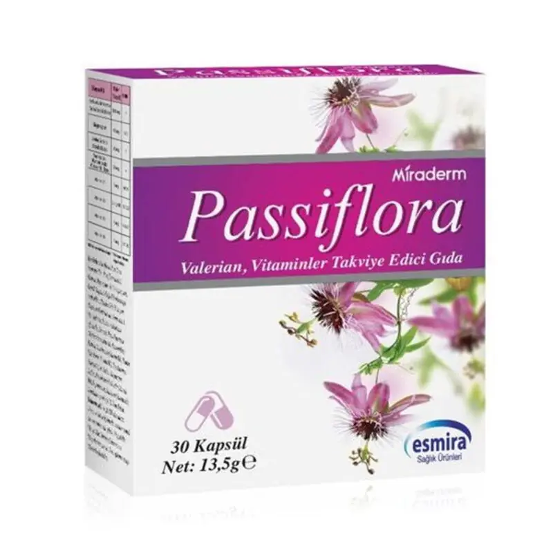 Miraderm Passiflora Valerian Vitamin Takviye Edici Gıda 30 Kapsül kutu ve ambalaj