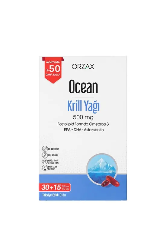 Orzax Ocean Krill Oil 30 Kapsül %50 Daha Fazla kutu ve ambalaj