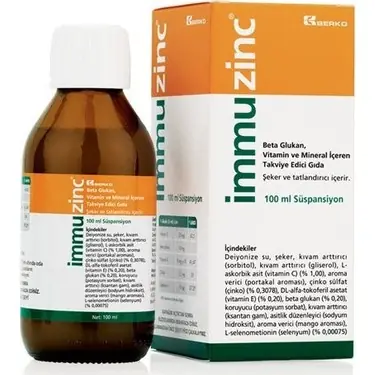 Berko İmmunZinc Beta Glukan Vitamin Mineral Takviyesi 100 ml Şişe kutu ve ambalaj