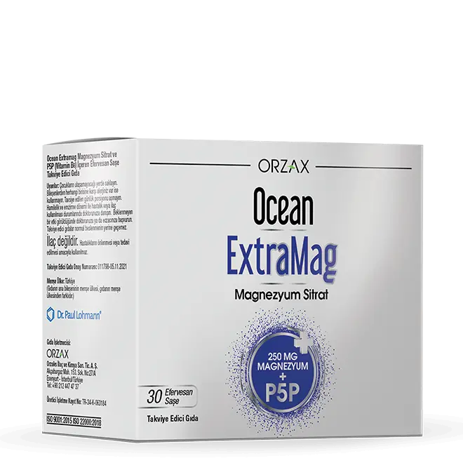 Orzax Ocean Extramag P5P B6 Magnezyum Saşe 30 Poşet kutu ve ambalaj