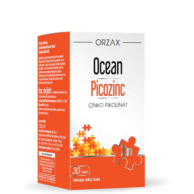 Orzax Ocean Picozinc Çinko Takviyesi Yüksek Emilim 30 Tablet kutu ve ambalaj