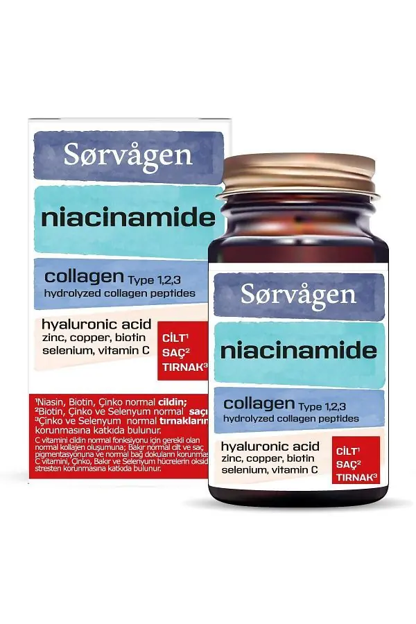 Sorvagen Collagen Niacinamide Hyaluronic Acid Tip 1 2 3 Kollajen 60 Tablet kutu ve ambalaj