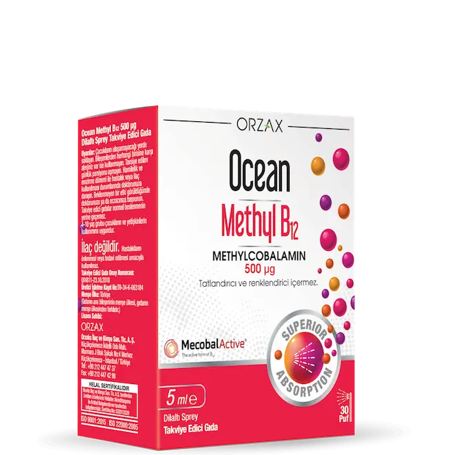 Orzax Ocean Metil B12 Dilaltı Sprey 500 mcg ürün ambalajı