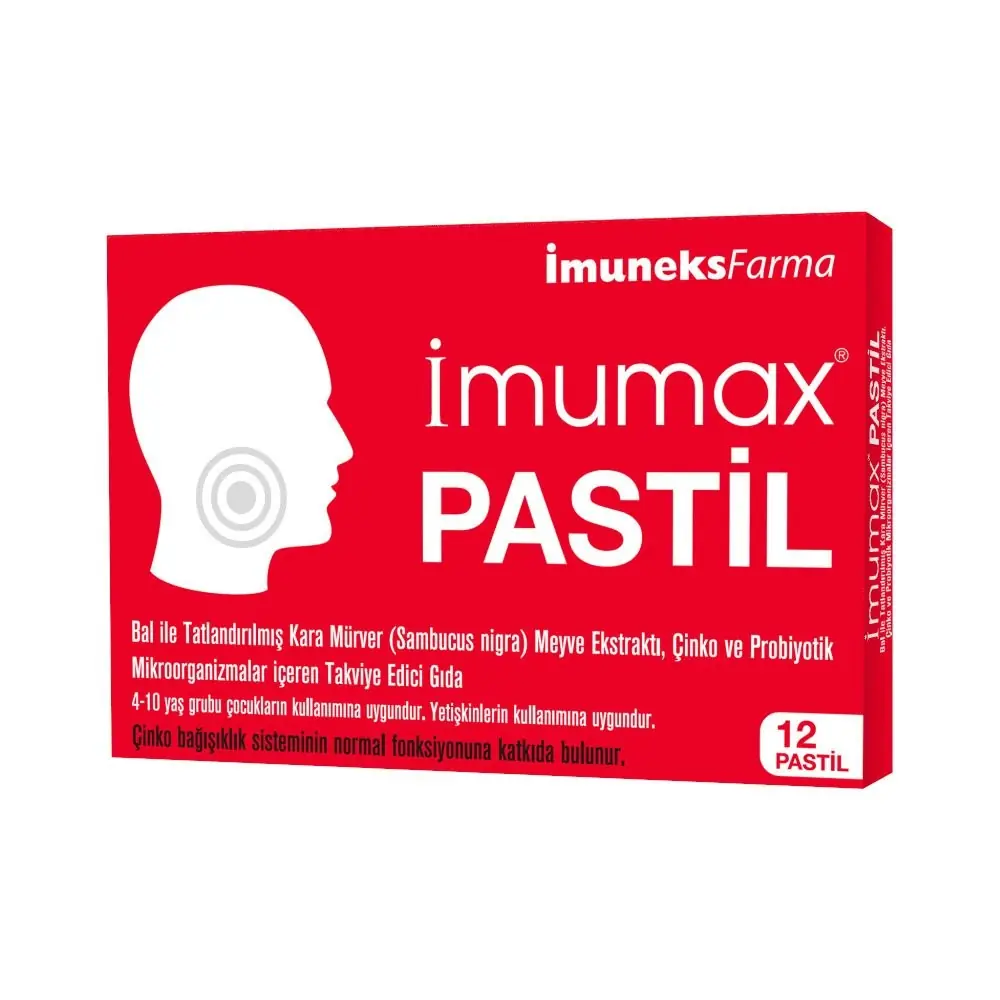 İmuneks Farma Imumax Pastil Kara Mürver Çinko Probiyotik Takviyesi 12 Adet kutu ve ambalaj