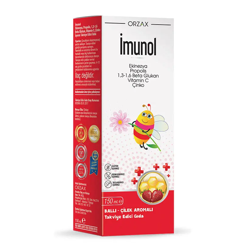 İmunol Sıvı Ekinezya Propolis Beta Glukan C Vitamini Çinko Takviyesi 150 ml kutu ve ambalaj