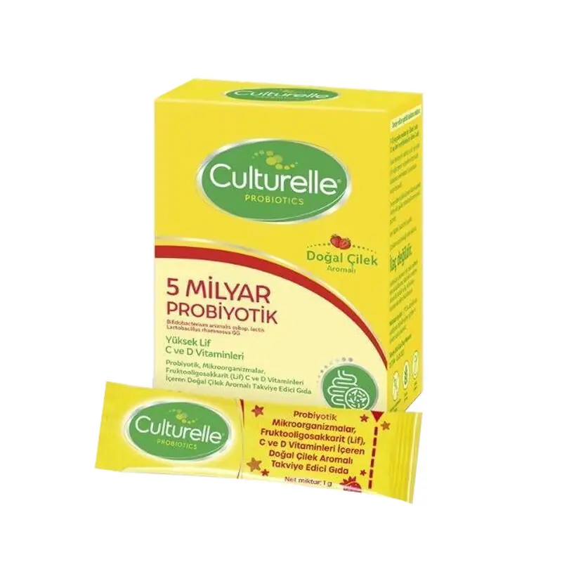 Culturelle Kids Doğal Çilek Aromalı Probiyotik 10 Poşet kutu ve ambalaj