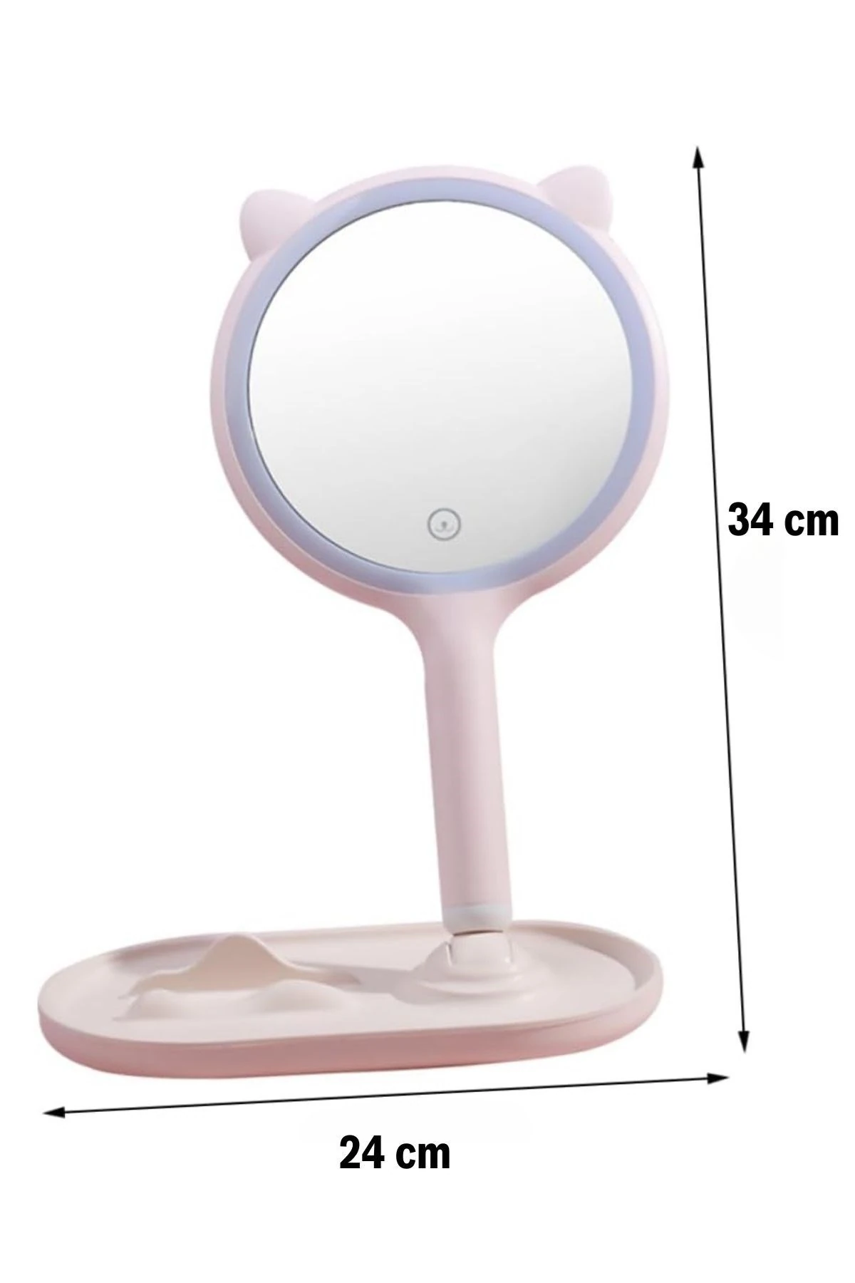 BUFFER® Kedi Kulaklı Telefon Standlı Yuvarlak Dokunmatik Led Ayarlı Masa Üstü Makyaj Aynası