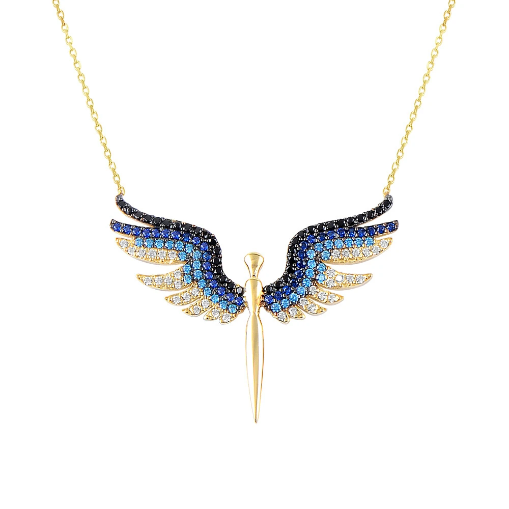 14 Ayar Renkli Taşlı Peri Kanadı Altın Kolye