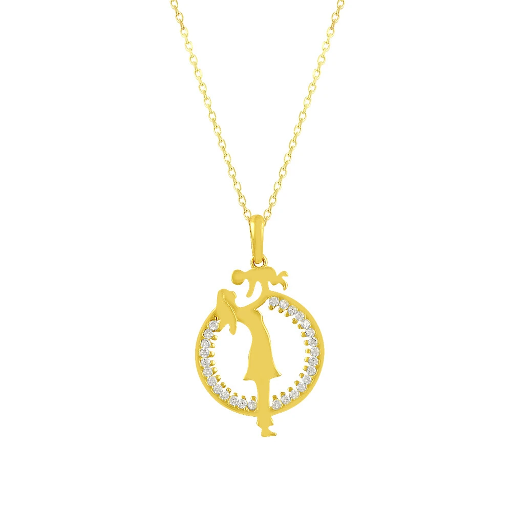 14 Ayar Anne ve Bebek Figürlü Taşlı Yuvarlak Altın Kolye