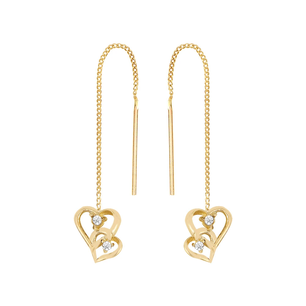 14 Ayar Taşlı İkili Kalp Zincir Altın küpe