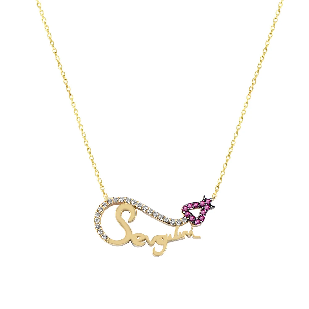 14 Ayar Taşlı Sevgili Yazılı Kalpli Altın Kolye