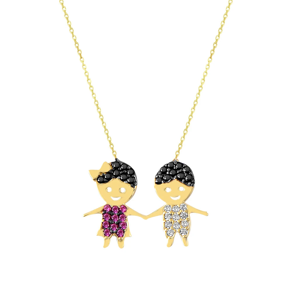 14 Carat Gold Necklace with Colorful Stones and Girl and Boy Figures