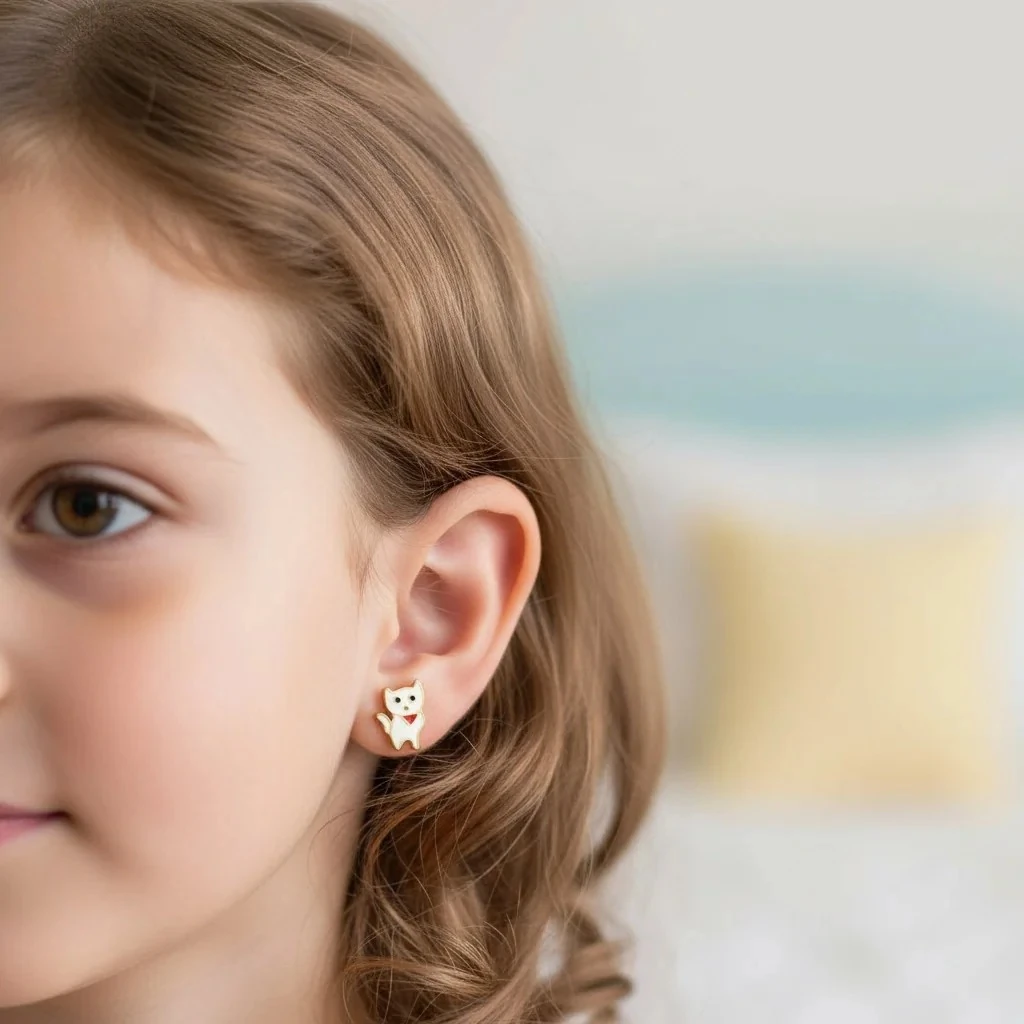 14 Ayar Beyaz Kedi Küpe Altın Küpe