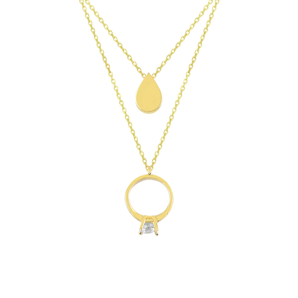 14 Ayar Damla ve Tektaş Yüzük Altın Kolye