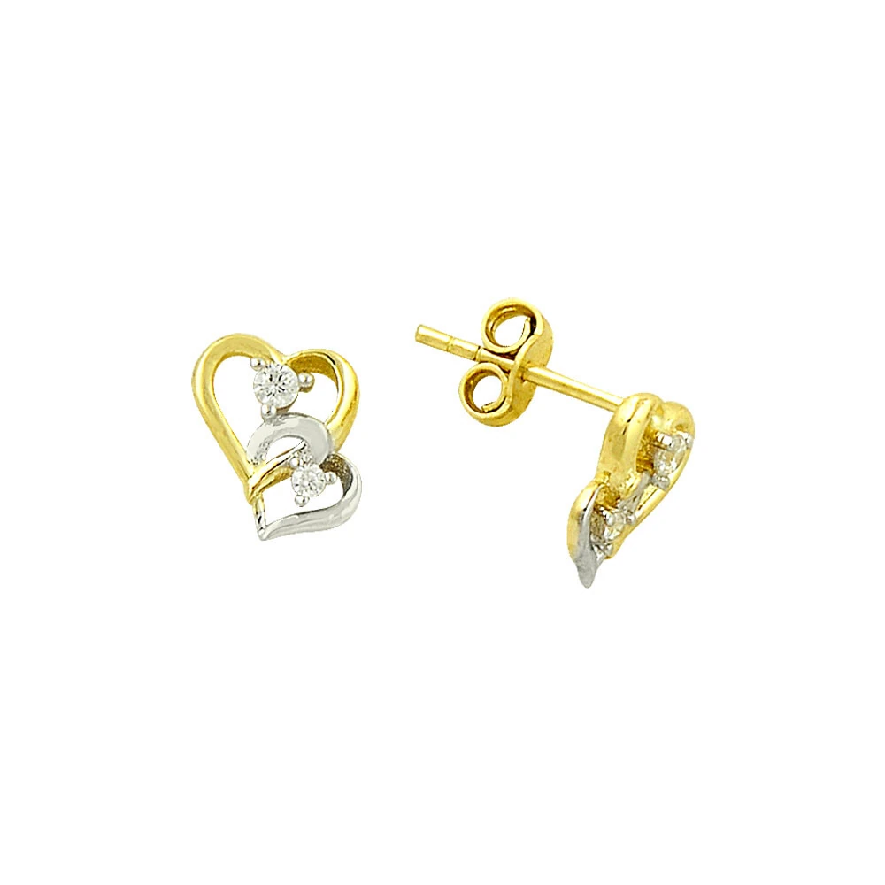 14 Ayar İki Renkli İkili Kalp Altın küpe