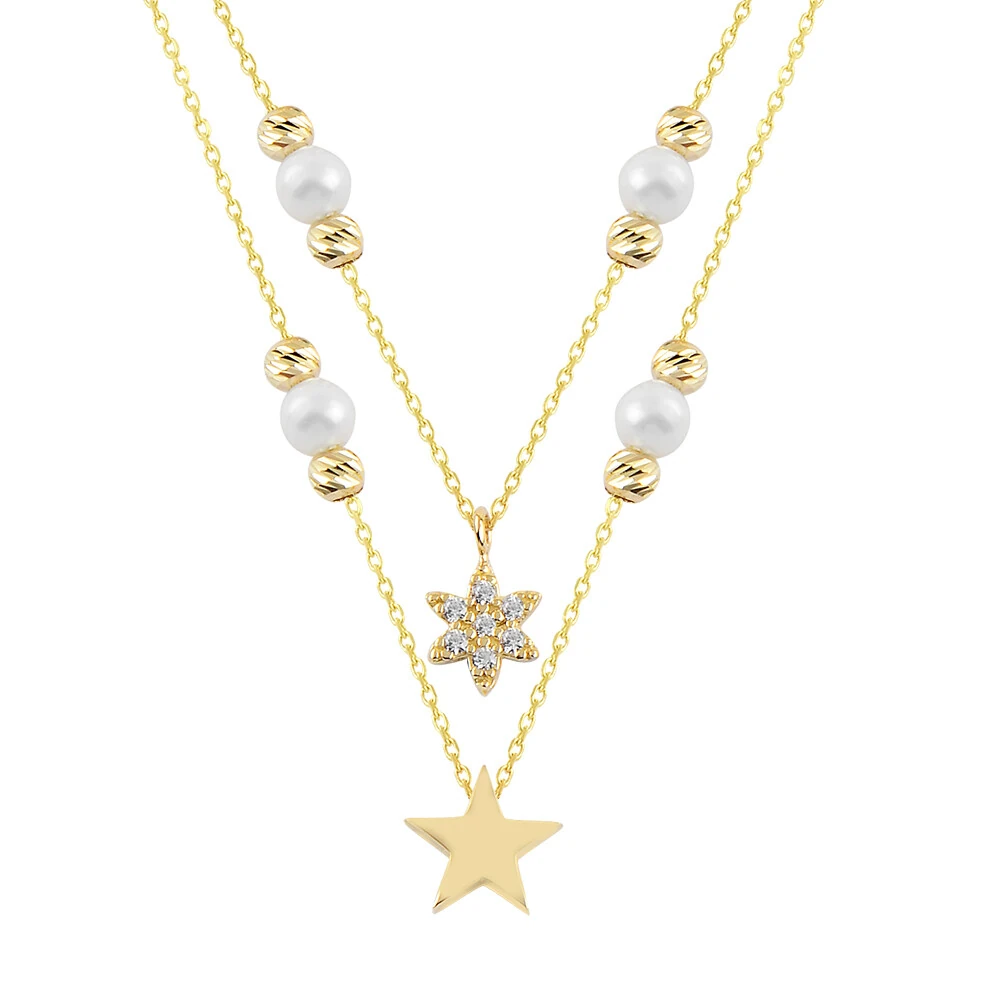 14 Ayar İnci ve Yıldızlı İkili Altın Kolye