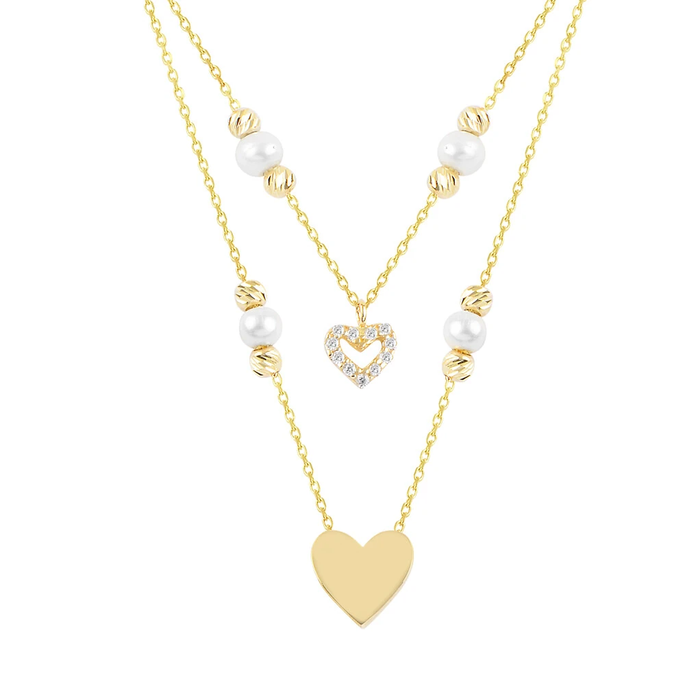 14 Ayar İnci ve Kalpli İkili Altın Kolye