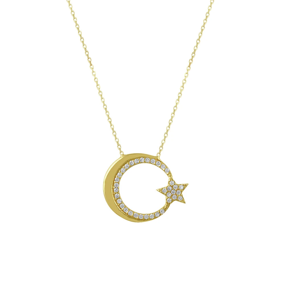 14 Ayar Taşlı Ay Yıldız Altın Kolye