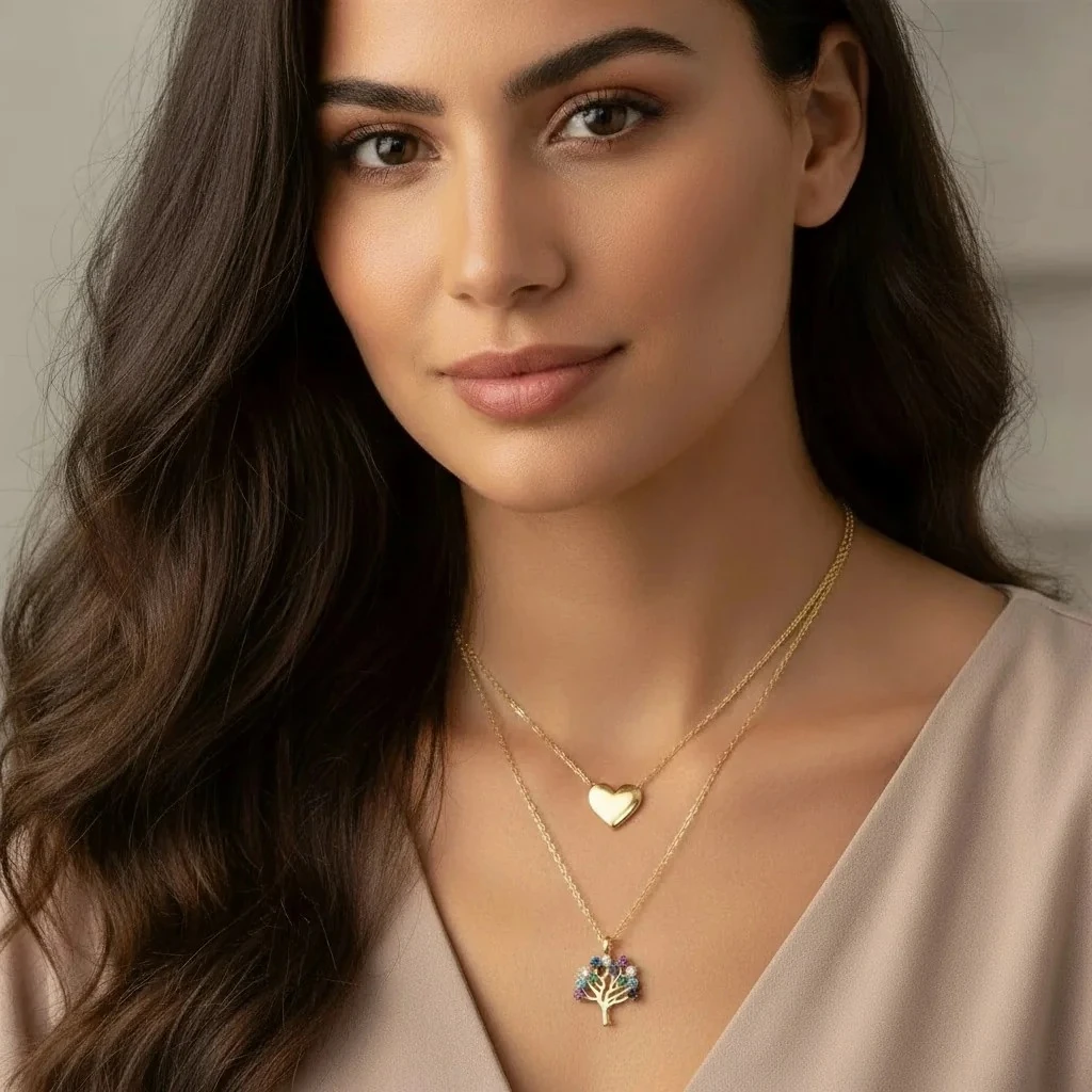 14 Ayar Kalp ve Renkli Hayat Ağacı Altın Kolye