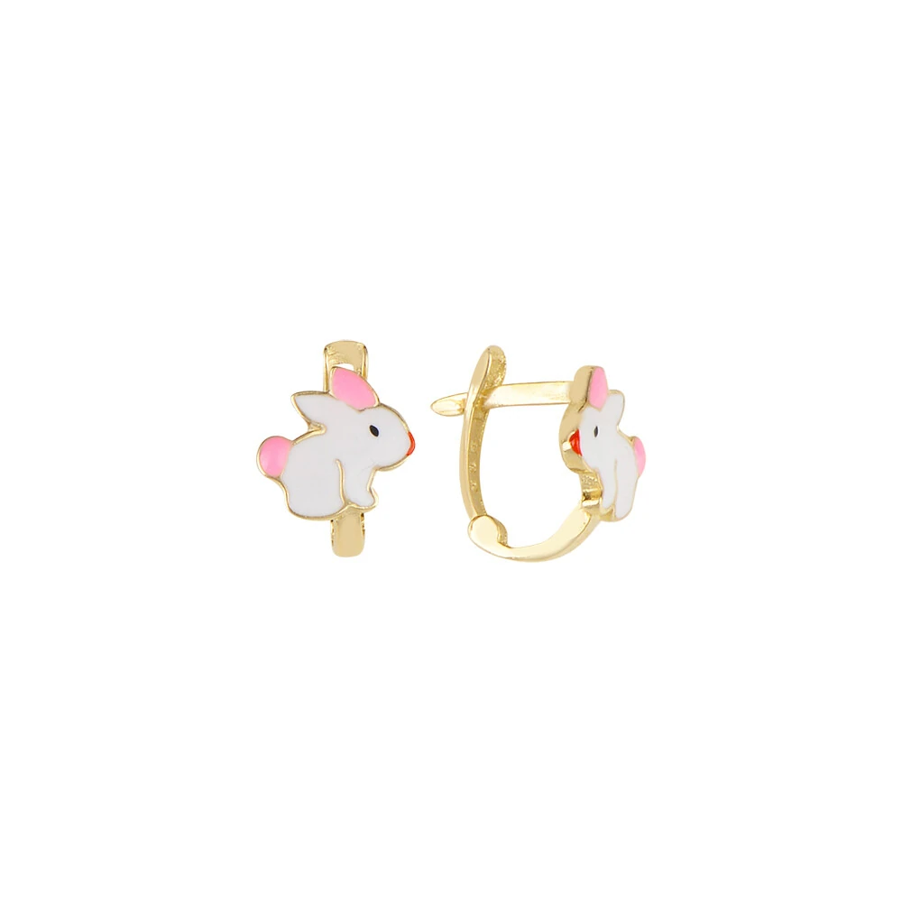 14 Carat White Enameled Rabbit Gold Earrings