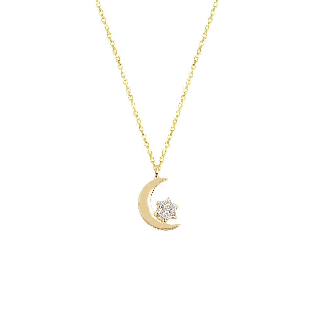 14 Carat Moon and Star Gold Necklace with Stones