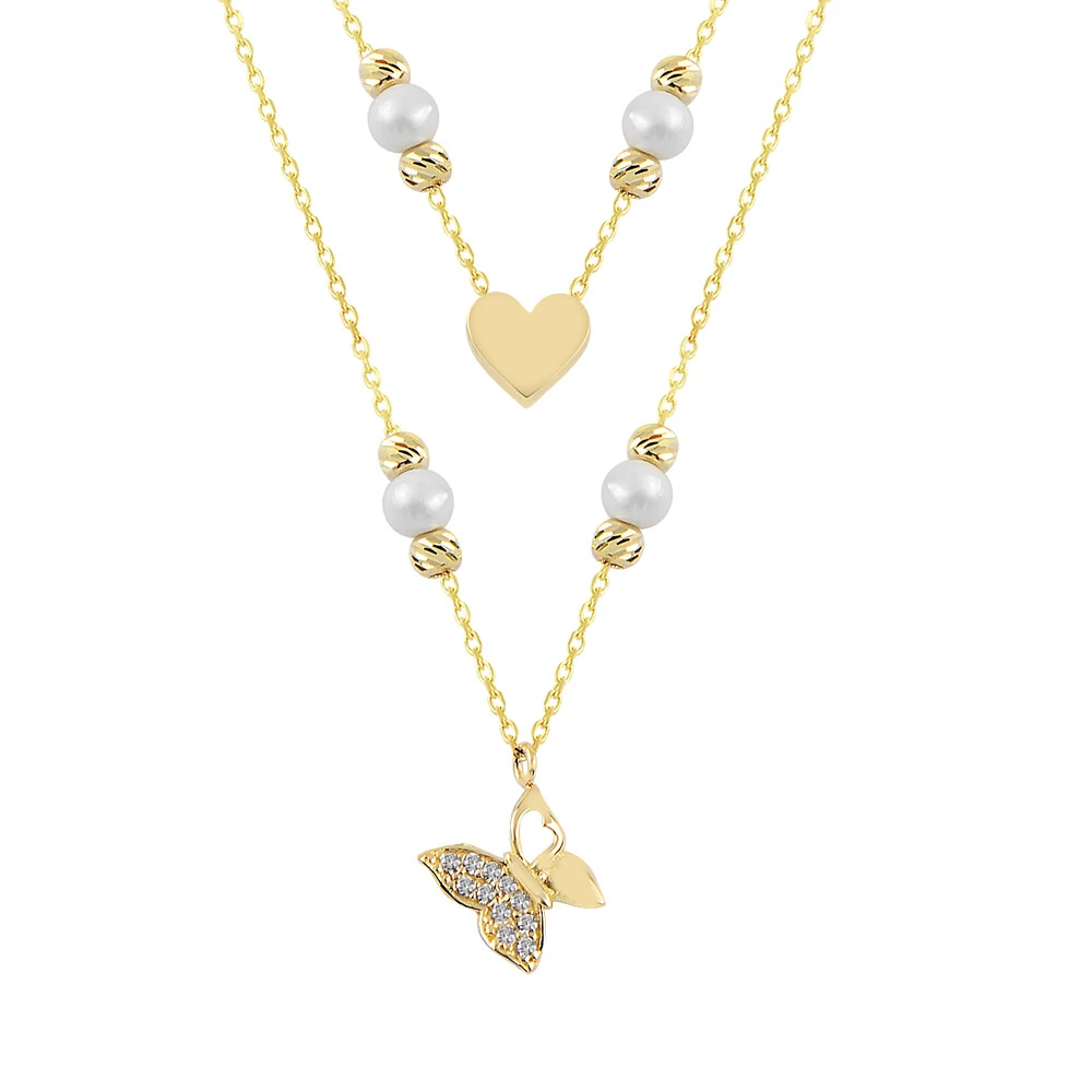 14 Ayar İnci, Kalp ve Kelebekli Üçlü Altın Kolye
