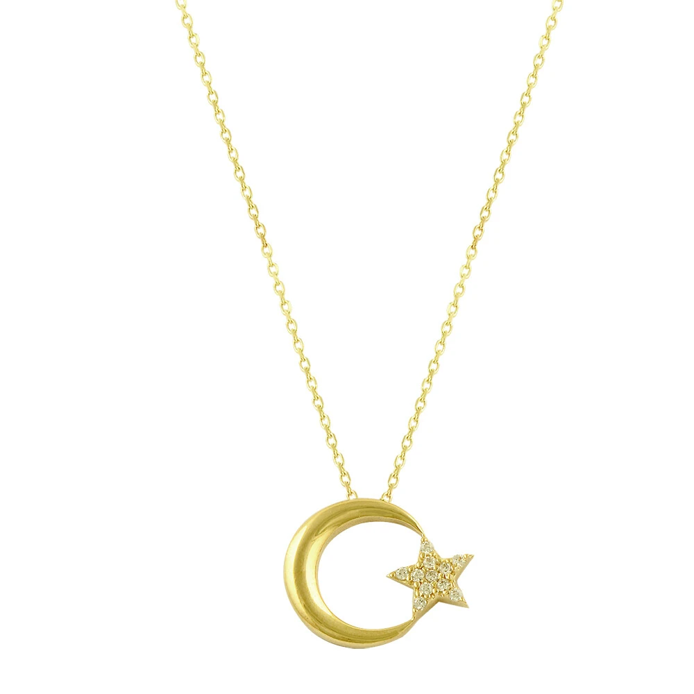 14 Ayar Taşlı Ay Yıldız Altın Kolye
