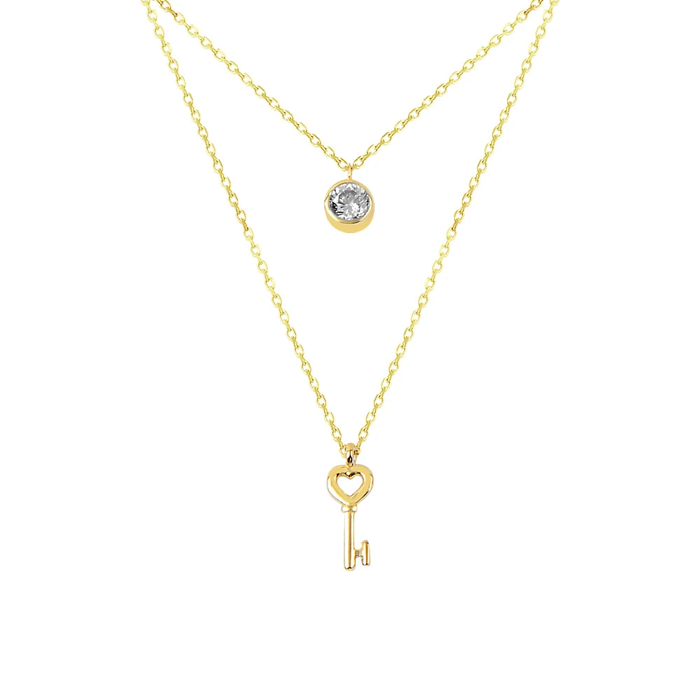 14 Ayar Kalpli Anahtar ve Tektaş İkili Altın Kolye