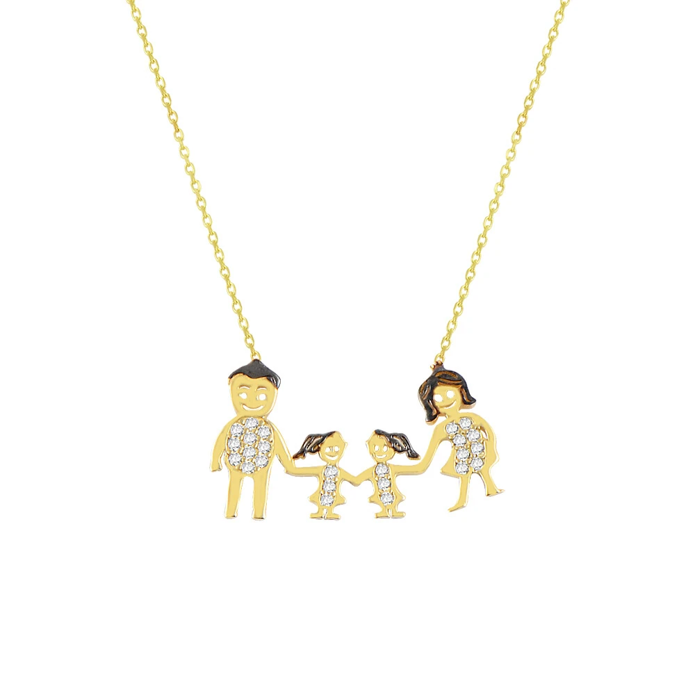 14 Ayar Taşlı Dört Kişilik Aile Altın Kolye