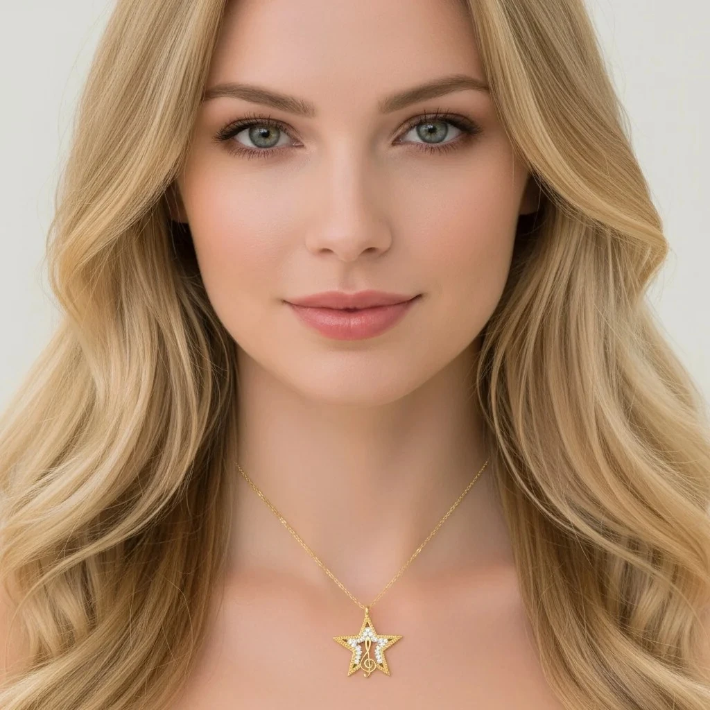 14 Ayar Sol Anahtarı ve Yıldız Temalı Taşlı Altın Kolye