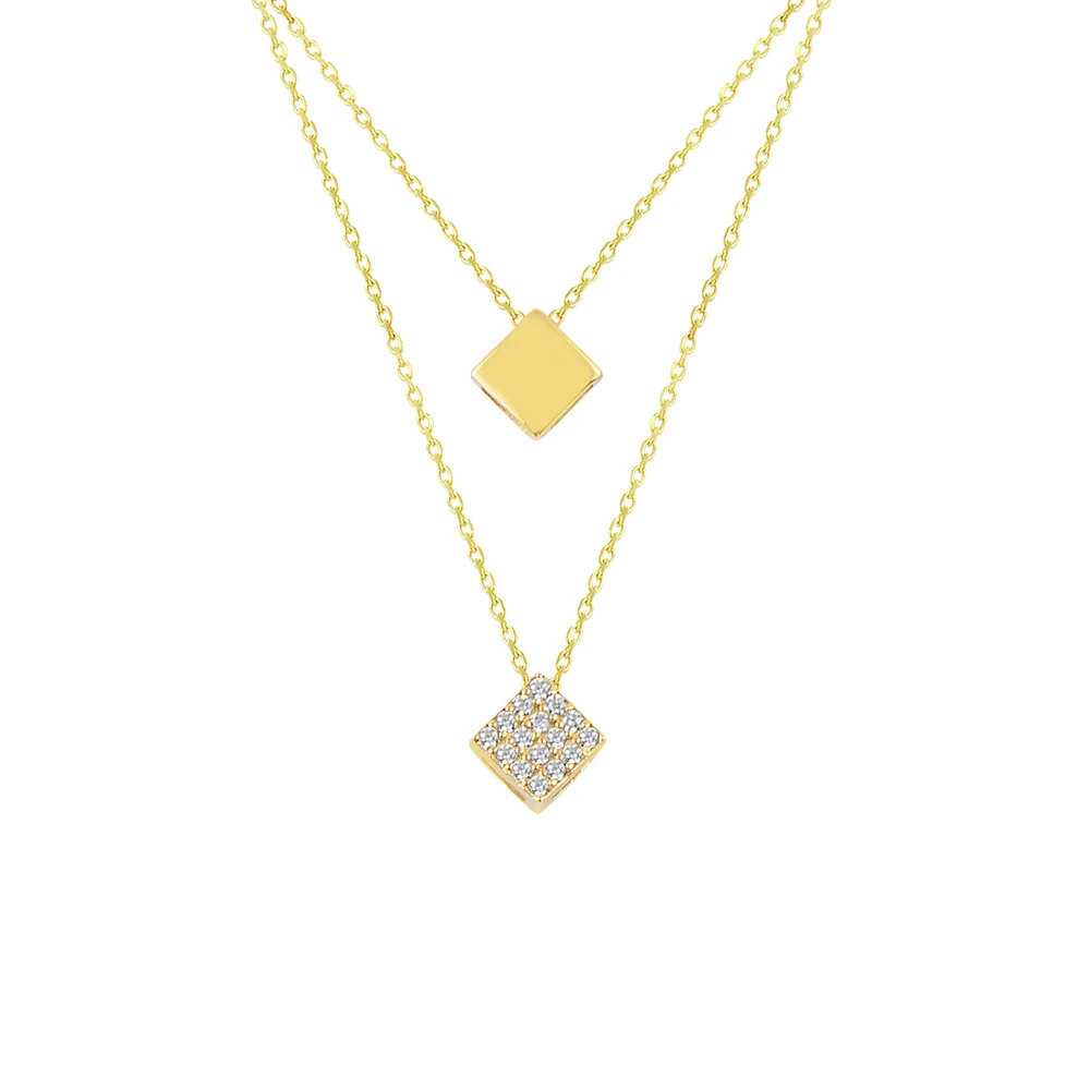 14 Ayar Taşlı Kare İki Katlı Altın Kolye