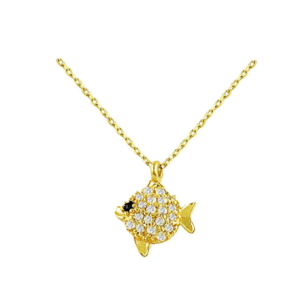 14 Ayar Taşlı Balık Motifli Altın Kolye