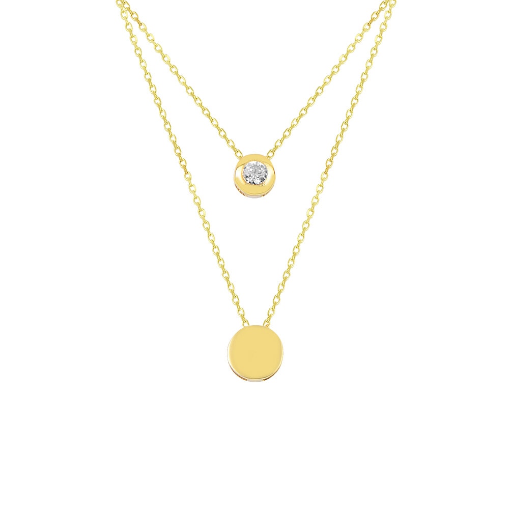 14 Carat Solitaire and Plate Two-Layer Gold Necklace