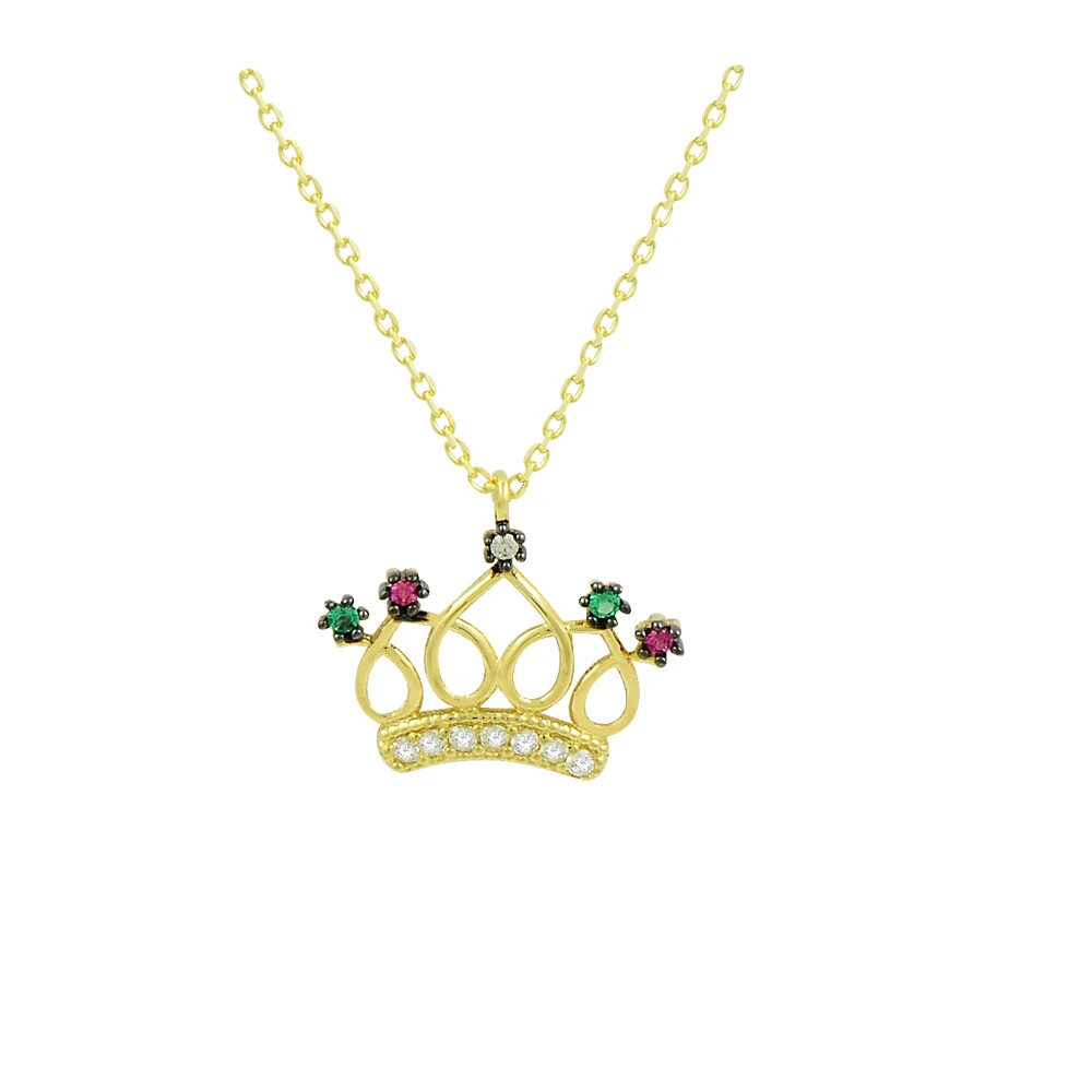 14 Ayar Çok Renkli Taşlı Prenses Taç Altın Kolye
