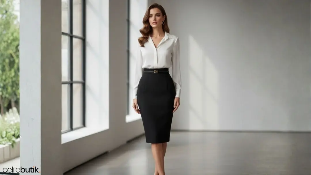 Kum saati vücut tipi için beli vurgulayan kalem etek kombinleri