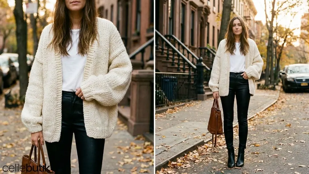 Büyük beden hırka ve dar pantolon dengeli kombin