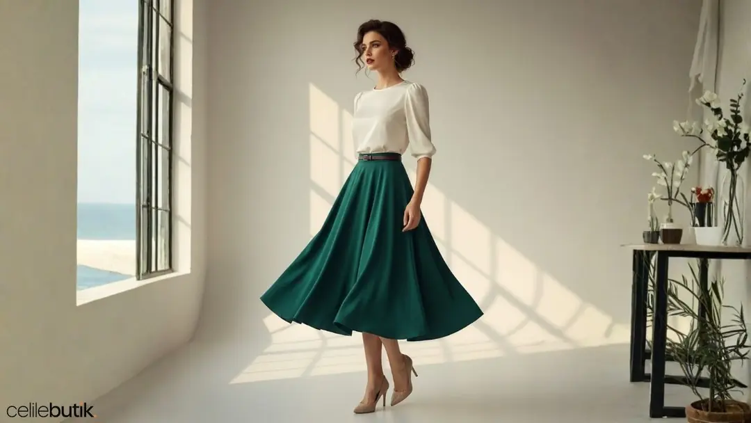 Armut vücut tipi için kalçayı gizleyen kloş etek modeli