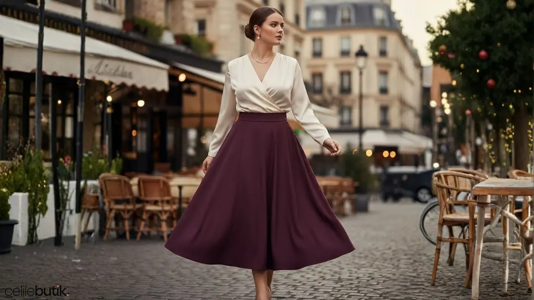 Elma vücut tipi için yüksek bel A-kesim etek önerisi