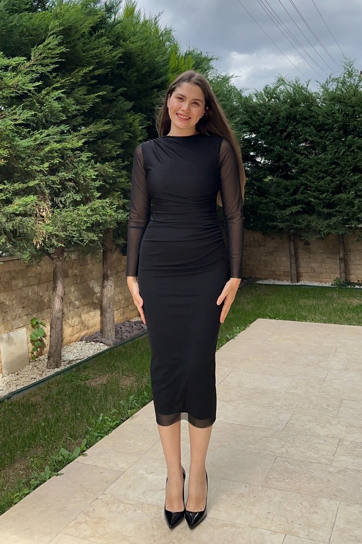 Bisiklet Yaka Drapeli Tül Maxi Elbise