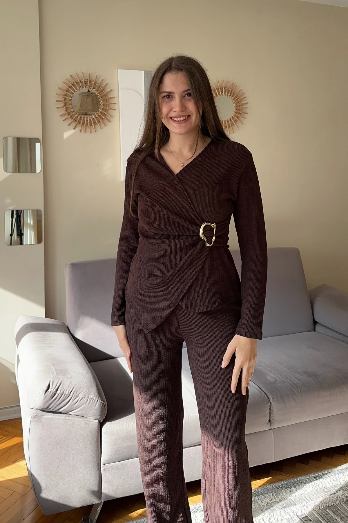 Kruvaze Yaka Gold Tokalı Gofre İkili Takım