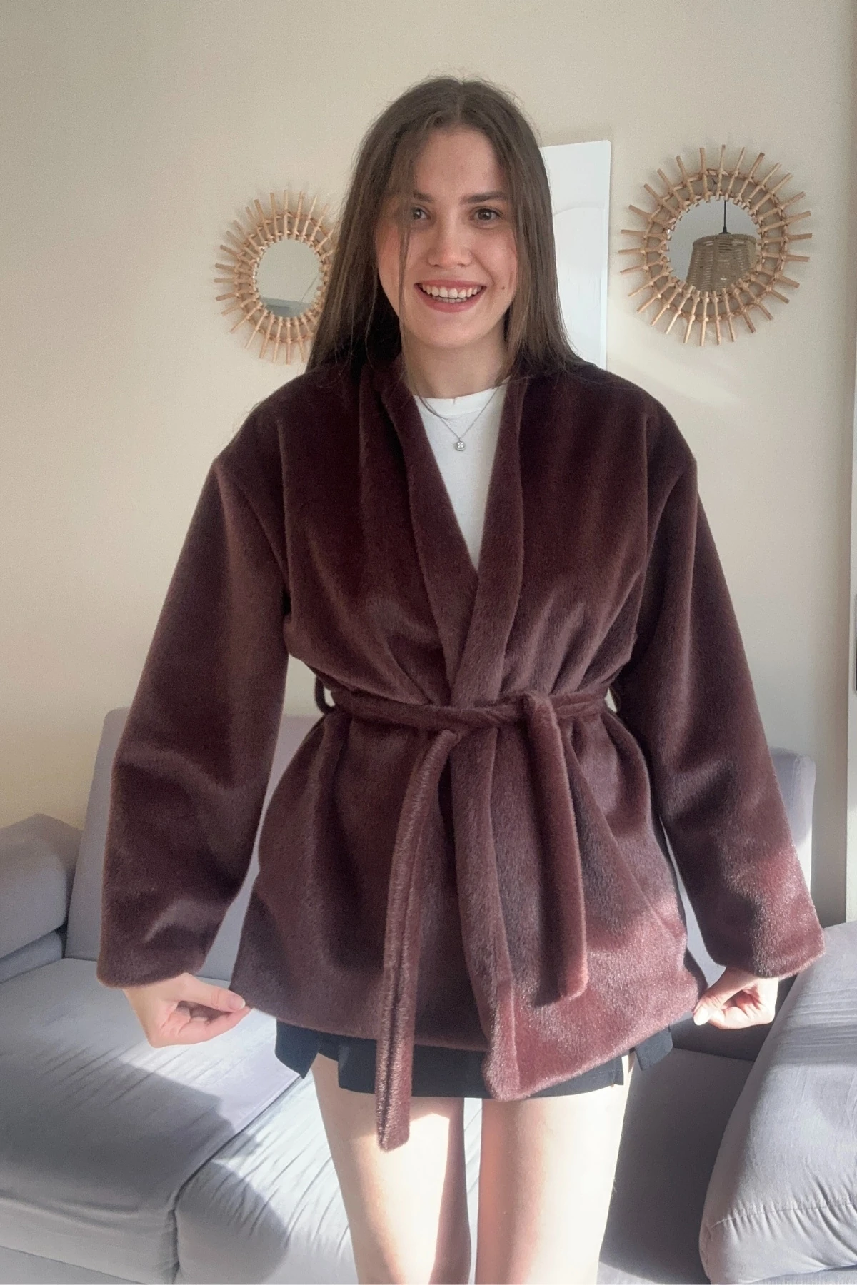 Peluş Goldfox Astarlı Kuşaklı Kısa Kaban