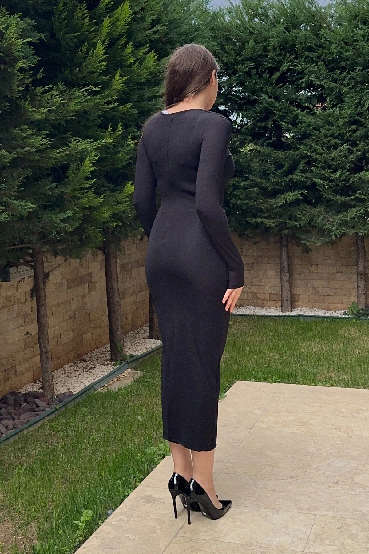 Bisiklet Yaka Drapeli Dalgıç Kumaş Maxi Yırtmaçlı Elbise