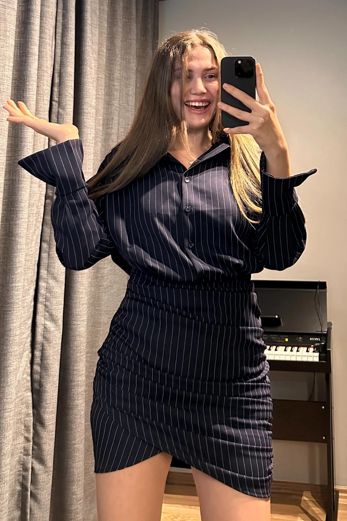 Belden Oturtmalı Çizgili Gömlek Elbise - Lacivert