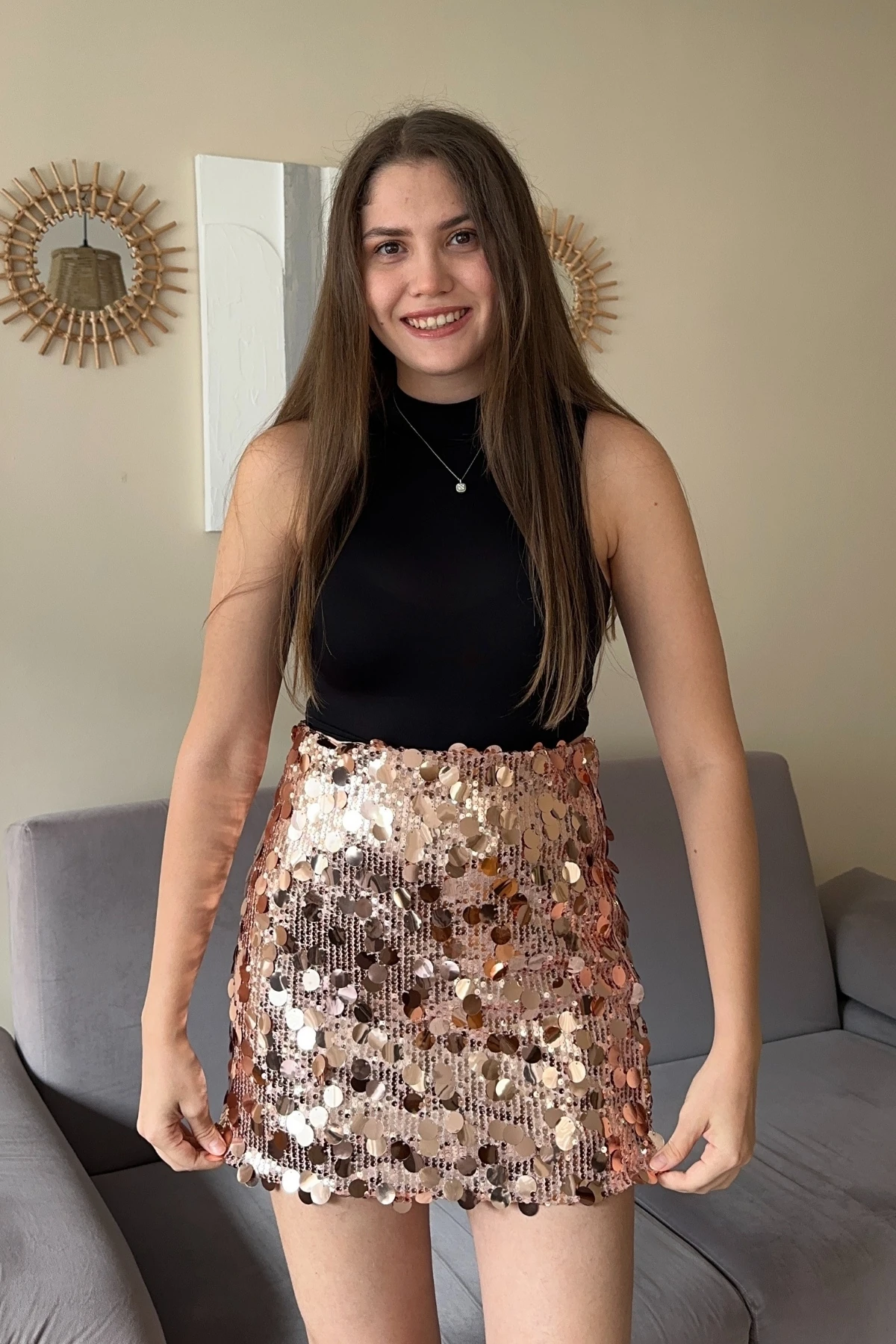 Rose Yüksek Bel Payetli Mini Etek