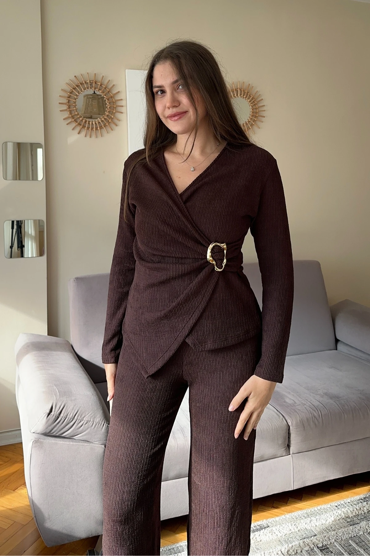 Kruvaze Yaka Gold Tokalı Gofre İkili Takım